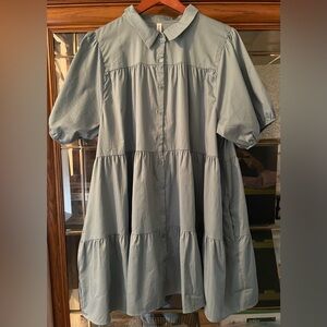 Zenana Tiered Button Down Puff Short Sleeve Top. Blue. New In Package